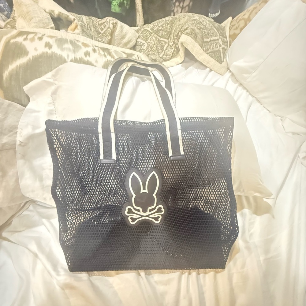 Black Mesh Tote Bag with Psycho  Bunny Logo with inner pouch